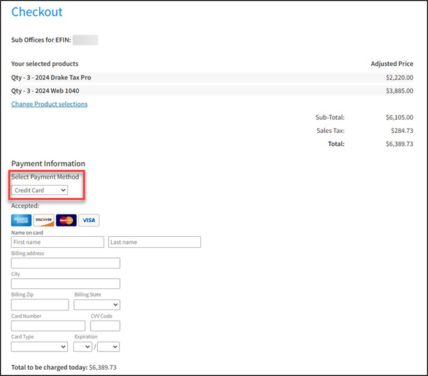 Select Payment Method drop list. 